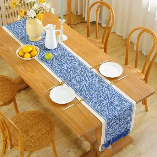 Vista 2 de Camino de mesa auxiliar floral para sala de estar, cocina, casa de campo, camino de mesa de comedor con flecos, rectangular, resistente al calor