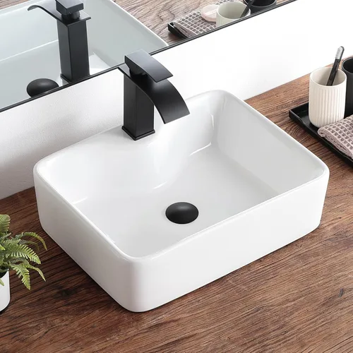 Vista 24 de Lavabo pequeño para baño tipo vasija 11.8"x11.8" pulgadas cuadrado, lavabo de baño de cerámica blanca, lavabos de baño modernos sobre encimera