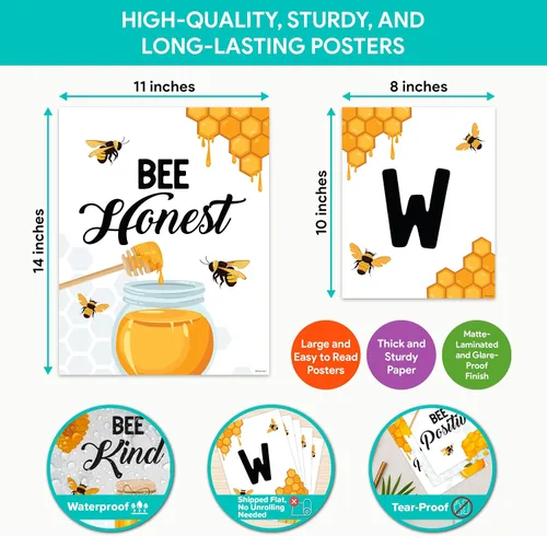 Vista 4 de Decorably 15 carteles de bienvenida con temática de abejas para aulas, escuela primaria, secundaria, inspirador, laminado mate con diseño vibrante
