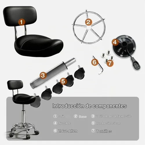 Vista 6 de Taburete con pedal de anillo y respaldo, silla hidráulica ajustable con ruedas para uso médico, masaje, salón, spa, cocina y dibujo