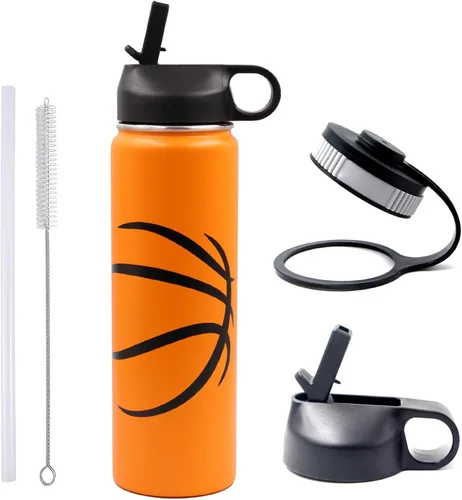 Vista 8 de Botella de agua de béisbol de 18 onzas, botella deportiva de boca ancha, vaso de viaje de metal con 2 tapas, botellas de agua aisladas al vacío