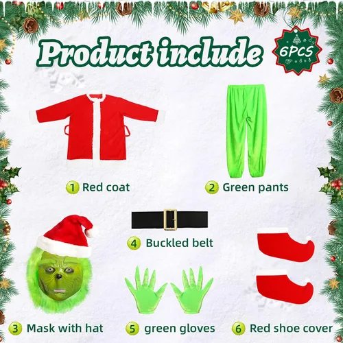 Vista 7 de WANFUY 6PCS Green Big Monster Costume For Adult Kids Deluxe Christmas Santa Costume With Mask Christmas Cosplay Costume