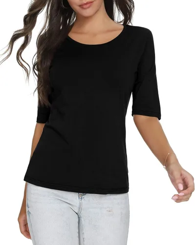 Vista 2 de Camiseta casual de media manga con cuello redondo para mujer, color liso, básica, ajustada, de algodón