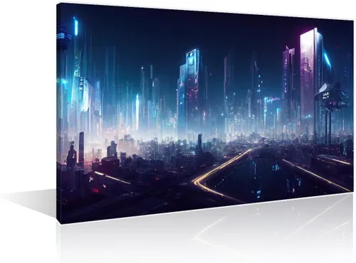 Vista 14 de 1 panel de cuadros de la ciudad de Cyberpunk, arte de pared, representación de vallas publicitarias, edificios modernos en la capital con obras