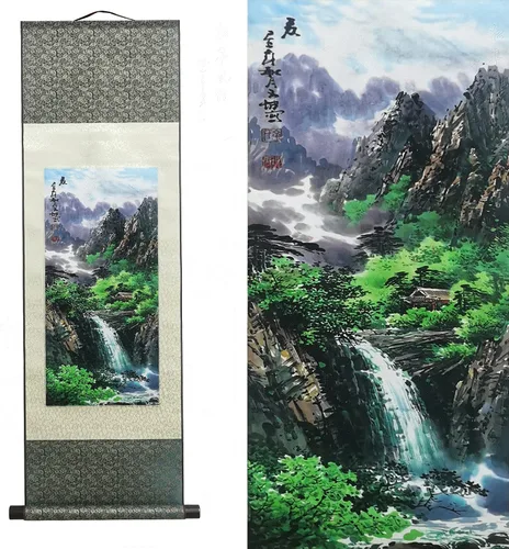 Vista 51 de AtfArt Decoración asiática de pared, hermosa pintura de pergamino de seda del paisaje del río de la cascada - Montaña, primavera, otoño