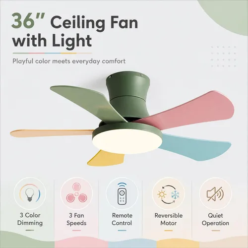 Vista 3 de Ventilador de techo de madera simple de perfil bajo con luz de 36 pulgadas, ventilador de techo LED de montaje empotrado para dormitorio