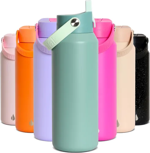 Vista 37 de Elemental Botella de agua aislada de 24 onzas con popote, botellas de agua con núcleo de acero inoxidable 100% a prueba de fugas para viajes, Beige