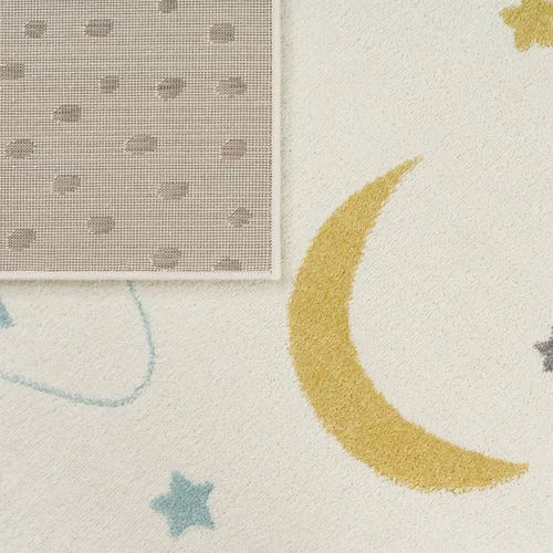 Vista 4 de Paco Home Alfombra infantil para guardería con montañas de colores pastel, estrellas de ensueño y luna en azul, tamaño: 2'8" x 4'11