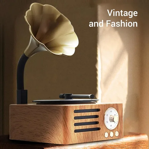Vista 4 de Altavoz de tocadiscos vintage, tocadiscos portátil de grano de madera, altavoz Bluetooth con bocina de cobre, función de radio FM, diseño compacto