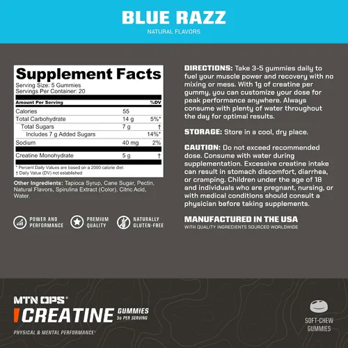 Vista 2 de MTN OPS Gomitas de creatina, monohidrato de creatina 0.18 oz, Blue Razz, 100