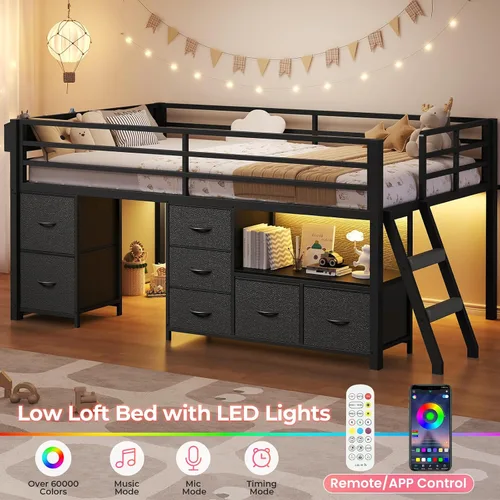Vista 6 de ADORNEVE Cama baja tipo loft tamaño individual con 7 cajones de almacenamiento, estantería y luces LED, cama alta de metal para niños con barandilla
