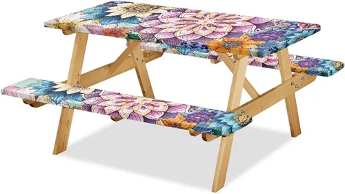 Vista 28 de Funda de mesa de picnic con fundas de banco, resistente al viento, resistente a las manchas, mantel de camping y accesorios de viaje, juego de 3