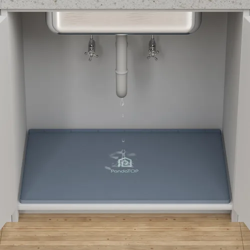 Vista 2 de Tapete para debajo del fregadero, bandeja de silicona para gabinete de cocina de 25 x 22 pulgadas, impermeable y flexible para debajo del fregadero