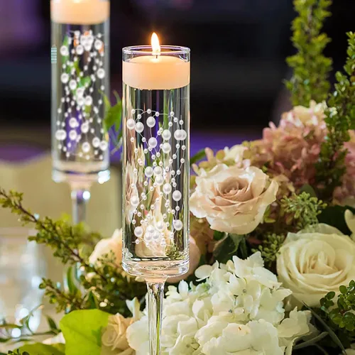 Vista 5 de Relleno de jarrón blanco para velas flotantes, cuerdas de cuentas de perlas falsas cortables de 94 pies, relleno para jarrones cilíndricos, centro