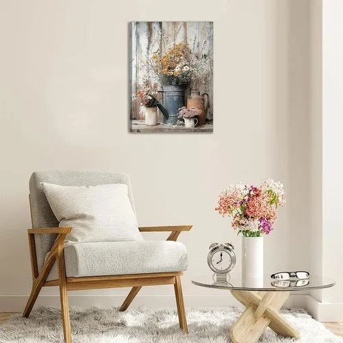Vista 6 de Lienzo rústico con margaritas y margaritas, arte de pared, pintura campestre neutra, decoración de pared, flores, naturaleza muerta, botánica