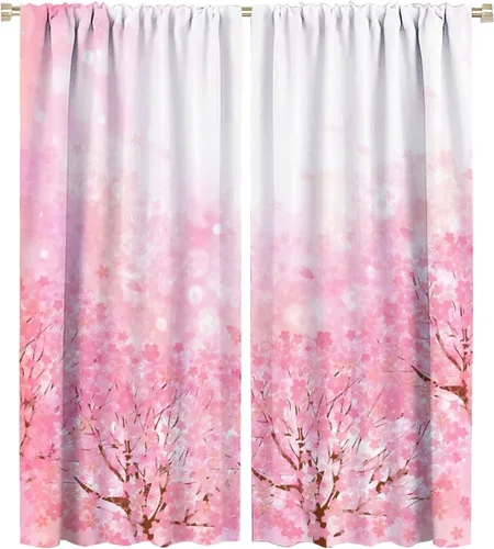 Vista 57 de Cortinas de cerezo, paisaje japonés, árbol de cerezo natural, primavera, dormitorio, sala de estar, ventana, 2 juegos de paneles, 42 x 45 pulgadas