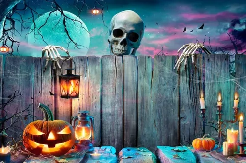 Vista 10 de Renaiss Telón de fondo de Halloween con telaraña, árboles, lámpara de calabaza, bosque sombrío, fotografía, fondo espeluznante, luz de luna