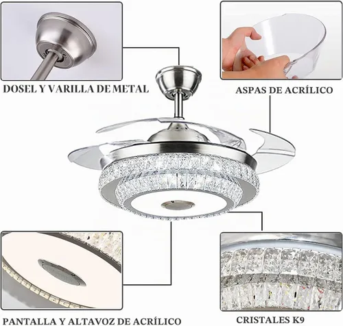 Vista 7 de HNDDS - Ventilador de techo Bluetooth de 42 pulgadas con luces, ventilador de techo de cristal de lujo con hoja retráctil, ventilador inteligente