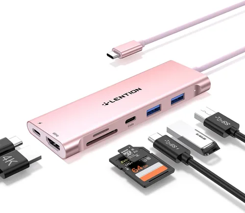 Vista 22 de LENTION 5-in-1 USB-C Hub, 4 USB3.0, 60W Charging, Multiport Adapter Oro Rosa