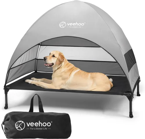 Vista 8 de Veehoo Cama para perros con dosel para exteriores, cuna elevada para mascotas con toldo extraíble y enfriamiento, pies antideslizantes, cuna elevada