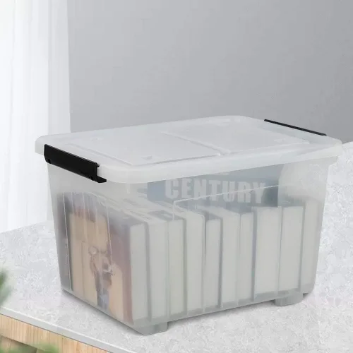 Vista 4 de Caja de almacenamiento de plástico transparente de 30 L con ruedas, paquete de 4 contenedores de plástico transparente Ultra-durable latching
