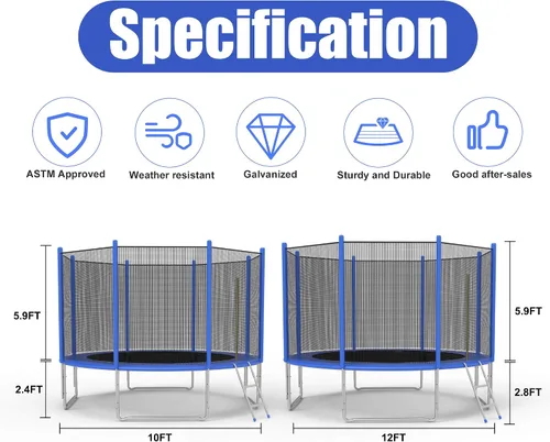 Vista 6 de TRY & DO Trampolín de 10 pies y 12 pies para niños y adultos – Trampolín recreativo al aire libre con red de recinto y escalera y almohadilla