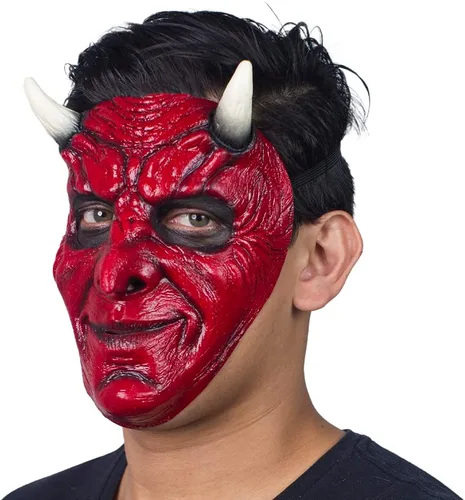 Vista 5 de Ghoulish Productions Máscara de demonio, máscara de diablo rojo. Máscara de látex de cara de demonio feliz. Máscara de látex de talla única