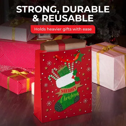 Vista 7 de Bolsas de regalo de Navidad – medianas 13 x 10 x 4 pulgadas (paquete de 4) – Bolsas de regalo de papel resistentes con papel de seda, etiqueta y asa