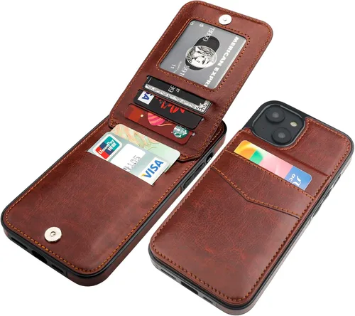Vista 13 de KIHUWEY - Funda tipo cartera para iPhone 14 Plus, tarjetero con soporte, color negro Ranuras para tarjetas de crédito, piel sintética, cierre