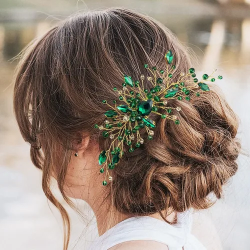 Vista 7 de Peine de pelo de novia de cristal verde dorado para novia, accesorios para mujeres y niñas, fotografía de fiesta (verde)