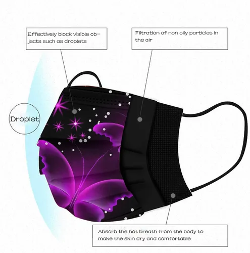 Vista 7 de Paquete de 50 mascarillas desechables para adultos y mujeres, diseño de mariposas, para el cuidado de la piel, transpirable, filtro de 3 capas