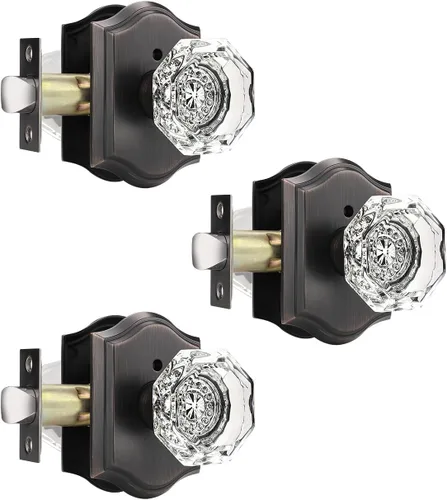 Vista 23 de Gobrico Juego de pomos de puerta de vidrio transparente para interiores, cerradura de puerta de cristal de diamante de privacidad en latón antiguo