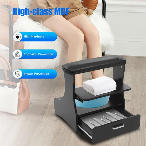 Vista 5 de Carrito de pedicura con 4 ruedas con frenos, carrito portátil de spa con cajón práctico, soporte de baño de pies de pedicura, reposapiés de pedicura