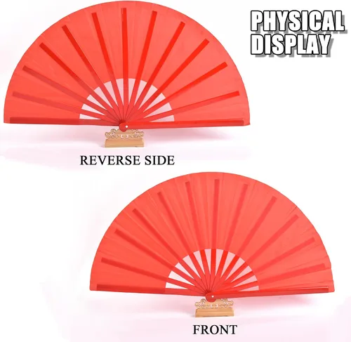 Vista 6 de Abanicos de mano plegables de bambú grandes, color rojo, ventilador KunFu para eventos, bailes, espectáculos, festivales, regalo (todo rojo)
