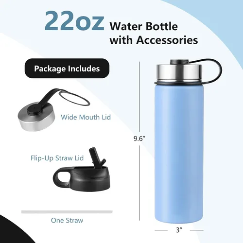 Vista 4 de S AFSTAR Botella de agua de acero inoxidable de 22 onzas, doble pared aislada al vacío, botella de agua deportiva con tapa y popote abatible Azul
