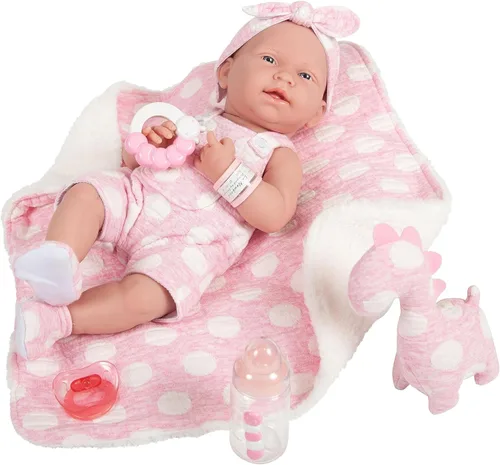 Vista 8 de JC Toys La Newborn Muñeca bebé niña de 15 pulgadas de vinilo anatómicamente correcta con traje blanco y rosa y accesorios de lujo Diseñada