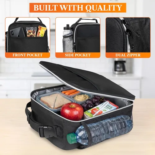 Vista 5 de OPUX lonchera aislada de alta calidad Bolsa de almuerzo escolar suave hermética para niños y niñas Durable y reutilizable como lonchera de Negro