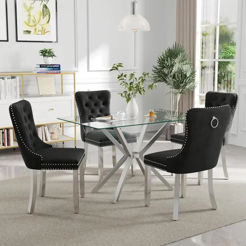 Vista 16 de Juego de comedor moderno de cristal de lujo de 5 piezas, juego de comedor rectangular minimalista para 4, juego de mesa de cocina de vidrio