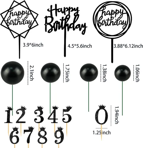 Vista 6 de Juego de 25 adornos de acrílico para pastel de cumpleaños, números 0-9, decoración de pastel en forma de bola (negro)