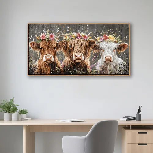 Vista 7 de AJAZIKO Arte de Pared de Vaca de las Tierras Altas - Decoración de Pared de Granja y Campo Rústico, Cuadros Grandes en Lienzo para Sala de Estar