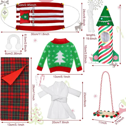 Vista 3 de Liitrsh Juego de 8 accesorios de elfo de Navidad con cohete, saco de dormir de Navidad, suéter, albornoz, orejeras, bufanda, columpio, hamaca