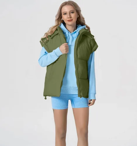 Vista 7 de Chaleco acolchado para mujer, cuello alto, sin mangas, con cremallera, acolchado con bolsillos