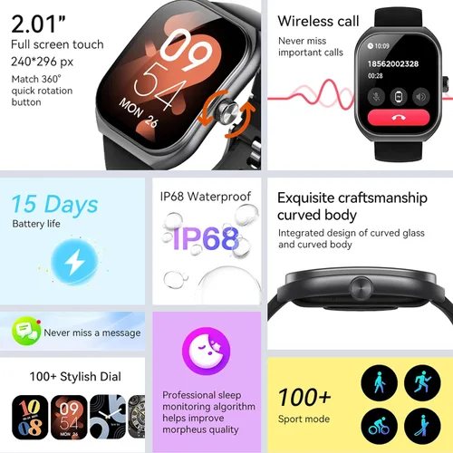 Vista 3 de Relojes inteligentes para hombres (respuesta/hacer llamadas), reloj de monitor de fitness HD de pantalla curva de 2.01 pulgadas con monitor