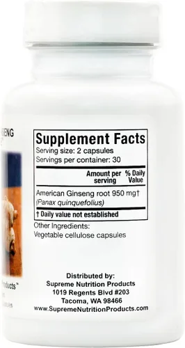 Vista 3 de Supreme Nutrition American Ginseng Supreme, 60 cápsulas vegetarianas de raíz de ginseng americano puro