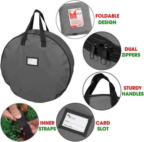 Vista 3 de Bolsa de almacenamiento de corona de Navidad resistente de 24 pulgadas, contenedor de coronas con asas, material de poliéster Oxford 600D duradero