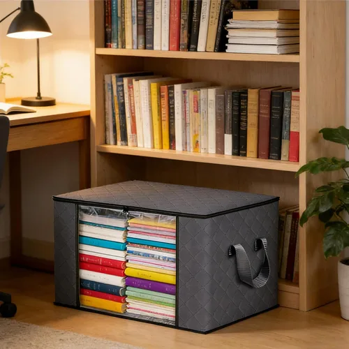 Vista 4 de Bolsas de almacenamiento grises de 90 L con tapas, cremallera y ventana transparente, paquete de 3 organizadores plegables grandes de armario