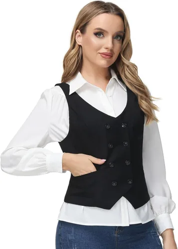 Vista 6 de KANCY KOLE Chalecos de moda con doble botonadura para mujer, chaleco elegante, casual, versátil, chaleco vintage con botones, tallas S-XXL