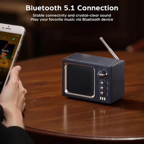 Vista 3 de Altavoz Bluetooth retro, mini altavoz Bluetooth inalámbrico portátil vintage con sonido de ruido blanco, sonido fuerte de 5 W, llamadas manos Beige