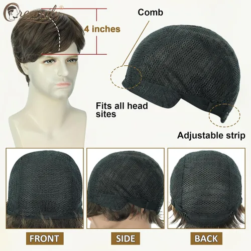 Vista 7 de Creamily Peluca marrón esponjosa en capas para hombre, peluca corta Corto - Marrón - Recto