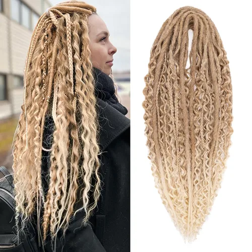 Vista 64 de Leeven Extensiones de Rastas Sintéticas de Doble Punta de 24 Pulgadas 30 Hebras Rastas Boho 613 Rubio 3 Estilos Mixtas Onduladas Rizadas DE Rastas